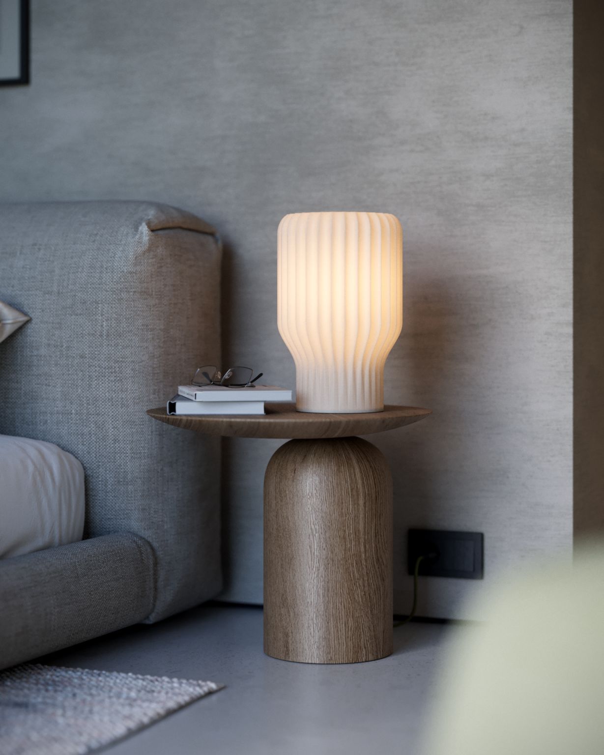 Minimalist bedside lamp emitting warm, diffuse light, inspired by Japanese paper lanterns